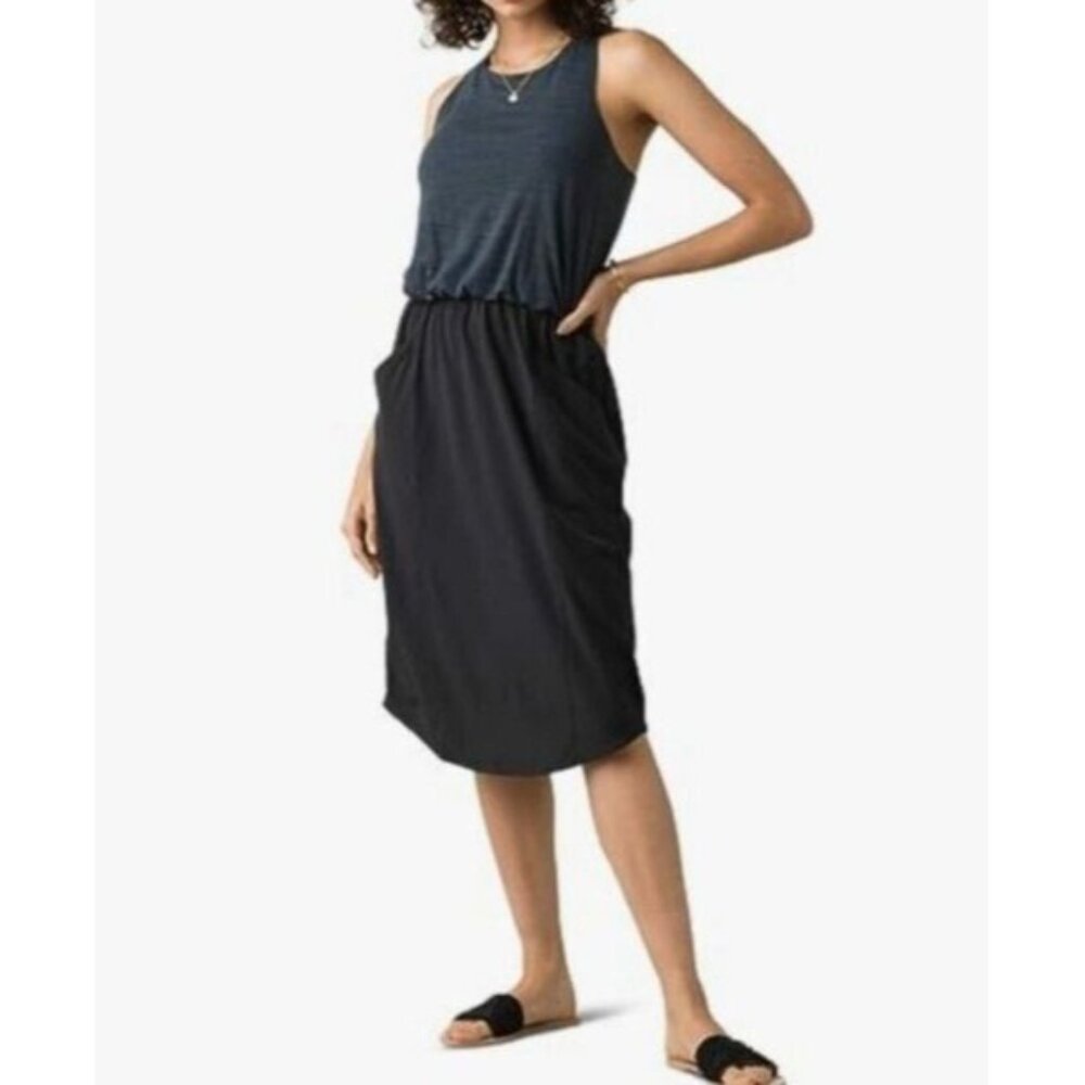 Prana Buffy Dress Womens M Grey Black Sleeveless Midi Pockets Performance Tank